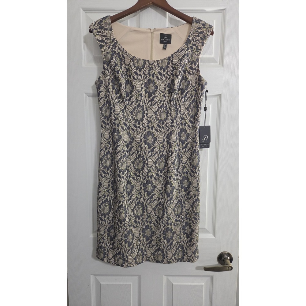 Adrianna Papell Gunmetal Lace Sheath Dress Size 10
